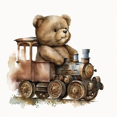 Watercolor brown fluffy jointed plain Teddy Bear clipart, wearing a white t-shirt, operating a locomotive train, happy, white back ground, no captions or text