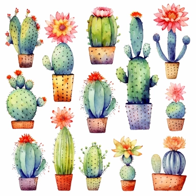 Boho Cactus Watercolor Cliparts, high definition 8k , illustration, sublimation, white background for removing background