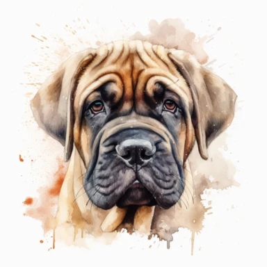 cute Alentejo Mastiff dog portrait, full face, centered shot, side shot, dynamically posed, in action, playful mood, happy mood, playing mood, cute face, adorable smile, childlike eyes, clean watercolor illustration, white background, nursery baby imagery, painting, detailed, 8k, PNG, clipart,