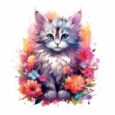 Beautiful colorful full body kitten on flowers, summer vibes, hand drawing digital art, clean design, sublimation, colorful, watercolor style, white background, 4K, extremely detailed, clipart
