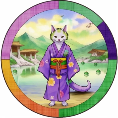 Cat in japanese GREEN AND PURPLE AND YELLOW kimono, fishing, in a circle background of Japanese surroundings, ClipArt, Watercolor featuring Kawaii Cat in Kimonos