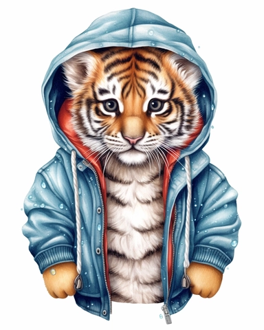 detailed watercolor Baby tiger with jacket , hyper realistic, isolated on a white background, clipart