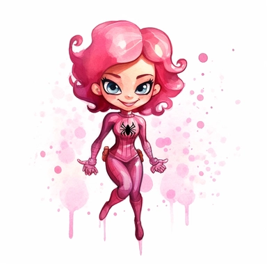 cute SPIDER-woman, marvel, Pixar style, pink watercolour white background Clipart