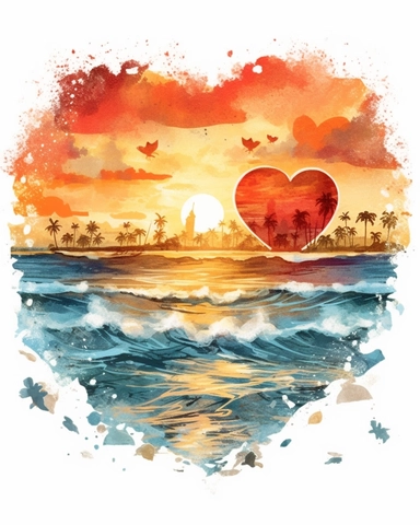 Retro Heart Beach Sunset Watercolor Clipart, Watercolor Beach Sunset in a Heart Shape Clipart, Beach Clipart, sand, starfish, Watercolor Clipart, highly detailed, white background 8k