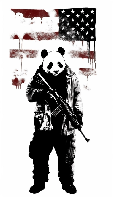 Panda dressed as a graffiti artist in combat clothes holding a gun black and white, silhouette of American flag background, minimalist clip art by Mr. Brainwash