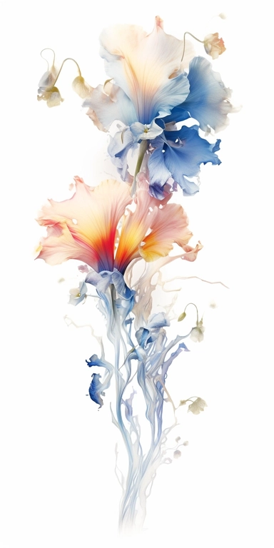 Watercolor Painting of SINGLE STEAM WILD FLOWER on white background beautiful multi - headed pale, Flora Design Patterns, Flemish Baroque by Rachel Ruysch, Behance, Rococo, Intricate Detailed, Soft Light Effect, Oil Paint Strokes, Light Academia Aesthetic Flowers, Lighting cinematic, all shown shimmering stamens, tyndall light, light effect, texture, colorful, 8k, fantasy, ray tracing, depth of field, vivid, spectacular lighting, octane rendering, highly detailed, ultra - realistic, white backgr