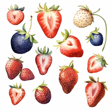 Strawberries watercolor clipart, white background, neutral muted colors, high quality, hyperrealistic, detailed, vintage, color palette red, blue, white, picnic