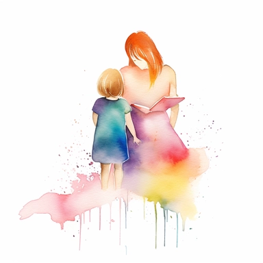 Mother and child reading book, cartoon, watercolour, minimalist , mothers day clipart, bright colour, isolated white background