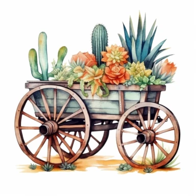 Create an enchanting watercolor clipart illustration on a white isolated background vector, featuring a pair of elegantly painted cowboy boots with intricate floral designs, positioned beside a wagon wheel and a horseshoe, all enveloped by a desert landscape filled with blooming cacti. Draw inspiration from the artistic style of Charles Reid, a renowned watercolor artist known for his loose and spontaneous approach, to bring a sense of vitality and personality to the composition, while capturing