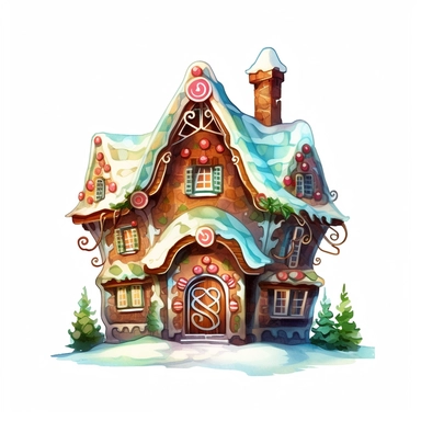 one christmas gingerbread house clip art on a white background, vector, in the style of realistic watercolor paintings, fantasy illustration, dark amber and white, uhd image, nature-inspired art nouveau, rtx on, papua new guinea art , no watermark, text, 300 DPI , typography, shapes do not stick together, no text in the picture, on a white background