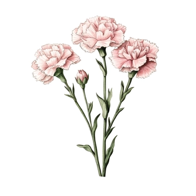 Charming pink carnation clipart against a clean white background. The illustration features a cluster of pink carnation flowers with ruffled petals and slender stems. The color palette includes shades of delicate pink and touches of green. The white background creates a contemporary and minimalist setting, allowing the carnations to stand out. The lighting is soft and diffused, highlighting the flowers' intricate details and creating a sense of elegance. The atmosphere exudes a feeling of charm 