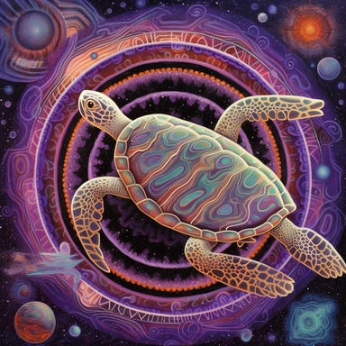 A oil painting of a turtle clipart with a surreal and fantastical design, floating in a starry sky with planets and comets. The turtle has a large body, a long neck, four wings, and a spiral tail. Its shell is covered with intricate patterns and symbols in glowing colors. The background is a dark purple sky, creating a contrast with the turtle’s luminous appearance. The painting has a magical and mysterious style, with an imaginative use of elements and colors. The perspective is from below, cre