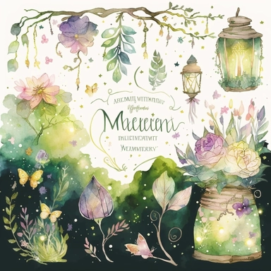 A mesmerizing watercolor clipart collection featuring elements from llustration of a magical forest inspired by Shakespeare's A Midsummer Night's Dream. lush green trees adorned with twinkling fairy lights, Delicate flowers bloom in vibrant colors, while mischievous fairies flit through the air, leaving behind trails of sparkling dust, ethereal ambiance. whimsy and enchantment,