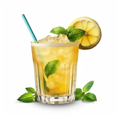 Create hiperrealistic photo on white background clipart of a tommys margarita cocktail with a straw and lemon, capturing its refreshing essence. Include key ingredients, cocktail glassware, garnishes, and a harmonious color palette