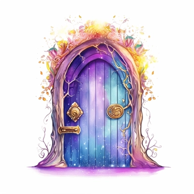cartoon fairy door, glowing lights and sparkles, purple gold and blue, glamorous realistic and detailed, watercolor, white background with margins, clipart style