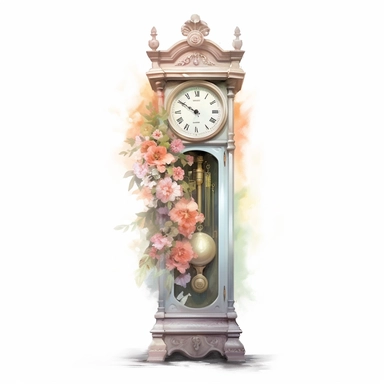 Victorian grandfather clock clipart, soft pastel flowers, in the style of realistic watercolors, feminine sensibilities, detailed illustrations, made of all of the above, in style of Willem Haenraets, clean background, white background, on a white background, transparent background