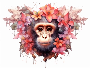 Highly detailed ink color illustration of a monkey, floral elements, pastel colors, cute style, clipart white background in 8k resolution