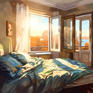 The morning sunlight shines into the window, and there is a bed in the room with oil paintings, White background, Clip Art Style