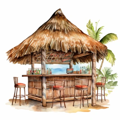 An illustration of a tiki hut bar, complete with stools and a thatched roof clipart, white background, watercolor drawing