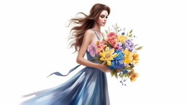 Young woman with wavy hear wearing pretty long summer dress holding a bouquet of blue, yellow, pink and white flowers, full size image, white background, clipart, highly detailed, do not crop, 8k, digital art,