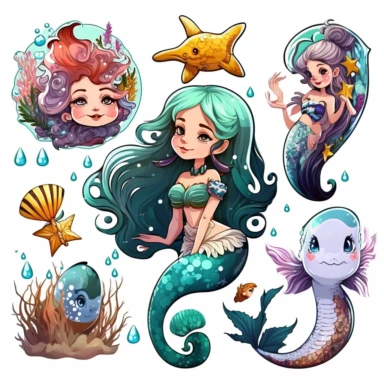 beautiful, 10 cute mermaid and fantasy aquatic life stickers collection, clipart design, cartoon, 4k, white background, photo realism