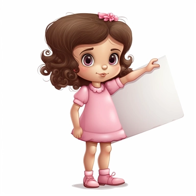 clipart of a brown haired cute little girl, wearing a pink dress and white shoes, holding up a blank sign