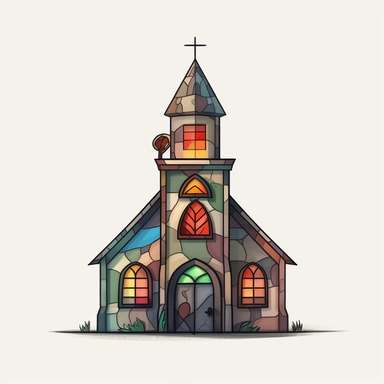 a little cartoon church, pixar, clipart, stained glass windows, cross on top, blank background, sharp lines, 8k