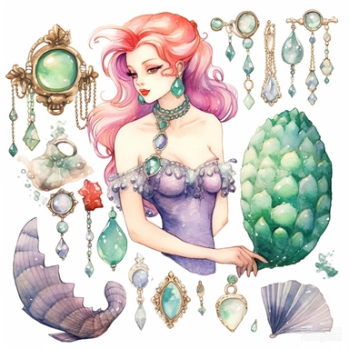 watercolor clipart mermaid clipart , jewels, treasure chest, pearls , shells with pearls, cute fish, seaweed , cartoon detailed