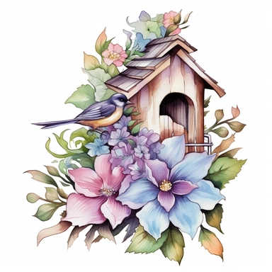 watercolor, hyper realistic, white background, white margins, 16k, ultra detailed clipart, cut out image, hand-drawn a floral birdhouse, inspired by the beauty of nature. The birdhouse should be the focal point of the design, adorned with intricate floral details and elements. Color Scheme: pastel shades such as light pink, lavender, mint green, and baby blue.