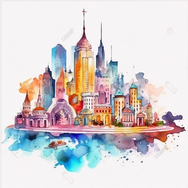 clip art watercolor, Future city, home, Full HD watercolor design, intricate details, colorful design, white background, smooth design, 8k