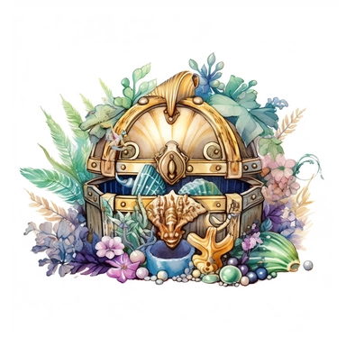 clipart, isolated on white background, Watercolor spring ornated metal treasure chest with jewelry on the beach, detailed, flowers, ornated, pastel colors