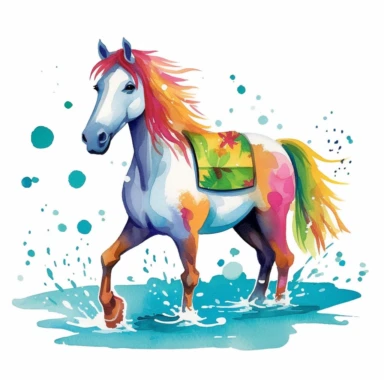 Colorful and vibrant colors to make clip art of a quirky horse on vacation with unique color combinations that stand out and evoke a sense of joy and cheerfulness with a white background