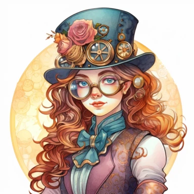 A nerd girl with glasses in sweet steampunk style, water color style, pinks, oranges, blues, teal, and liquid gold, watercolor illustrations, white background, transparent background, clean and elegant, sinister beauty, very detailed, victorian-inspired illustrations, watercolor illustration clipart, watercolor clipart, serge Marshhennikov, victor nizovtsev, i can't believe how beautiful this is