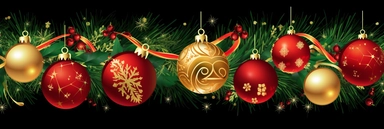 Christmas red background, festive horizontal border. Golden bell. Assorted ornaments, green gold glass balls, stars, snowflakes, fir tree twigs, candy cane. Winter holiday clip art. Seasonal decor