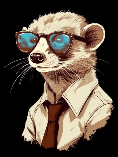 a portrait of a Ferret wearing a white shirt and glasses, looking tired and done with life, vector illustration, clipart, outlines, portrait,