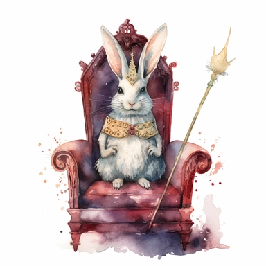 A watercolor clipart of a crowned bunny sitting on a throne, with a scepter in its hand