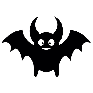 cartoon bat,black and white silhouette icon, clipart style, white background, thick lines, vector, simple design, flat colour, solid colour, halloweencore