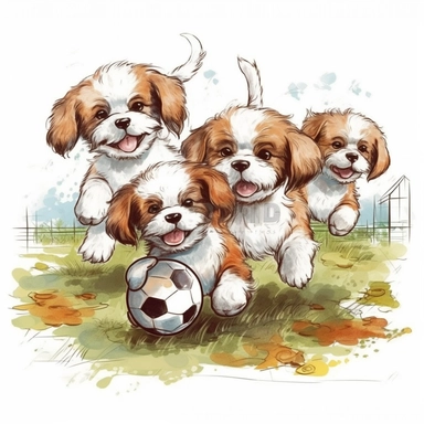 Draw a brown white shitzu puppy playing football in a sunny day with his friends, wearing vivid color clothes, in a spring morning, clipart white background
