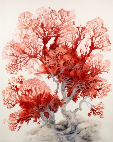watercolor painting of red fan coral on white background beautiful multi - headed pale, Flora Design Patterns, Flemish Baroque by Rachel Ruysch, Behance, Rococo, Intricate Detailed, Soft Light Effect, Oil Paint Strokes, Light Academia Aesthetic Flowers, Lighting cinematic, all shown shimmering stamens, tyndall light, light effect, texture, colorful, 8k, fantasy, ray tracing, depth of field, vivid, spectacular lighting, octane rendering, highly detailed, ultra - realistic, white background, clipa