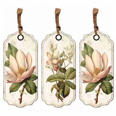 victorian number tags, clipart, isolated, with boquet of magnolia flower and delicate vines