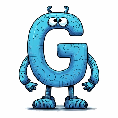 clipart style blue letter G with black line, with arms, legs and friendly cute face for children, isolated, white background,