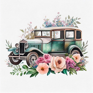 Vintage Antique car with flowers watercolor clipart, pastel color, vibrant, watercolor, 8k, white blank background