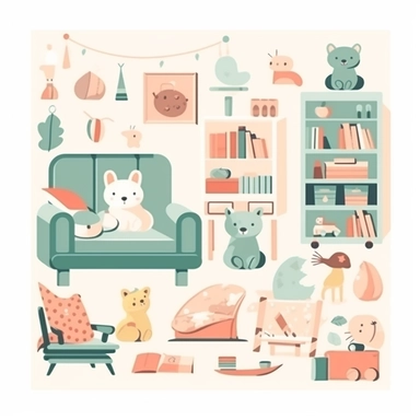 furniture, toys, books, images, flat vector clipart, nursery decor, small child, cute, children room deco