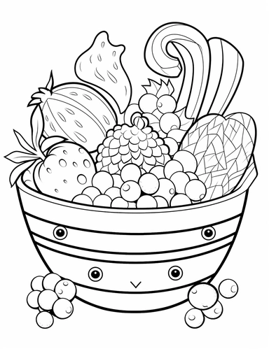 Kawaii Candy with delightful designs and flavors, like blueberry, chocolate chip, and banana For Simple Coloring page,line art, thick lines, black and white,clipart, illustration, on white background,margin Page 10px