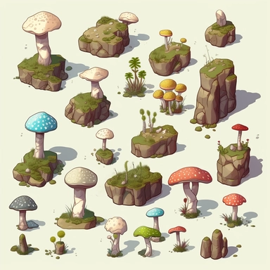 simple mushroom covered boulders, video game asset, isometric, top down, isolated figures, hand drawn, level art, atmospheric effects, spatial concept art, muralist, clipart, ps1 graphics, deconstructed objects, 2d, plain background