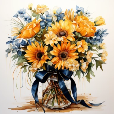 bouquet sunflowers in a jar wrapped in blue ribbon, in the style of photo realistic and hyper-detailed watercolor, sketchfab, ahmed morsi, realistic watercolor, use of common materials, handcrafted designs, clipart with white background
