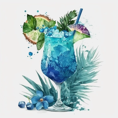 Cocktail Clipart, blue hawaiian, watercolour style, white background, no text in PNG file