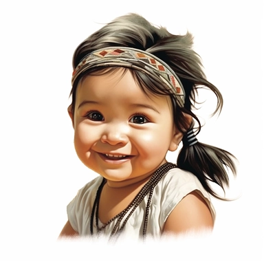 Adorable, cute, native american, baby girl, happy, smiling, wearing a satin ribbon in her hair, extreme focus, professional artists rendition, no text, no logo, no name, no letters, Highly Detailed, clip art, white background, smooth edges, flawless Facia
