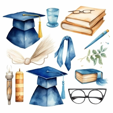 watercolor graduation related scenes, illustrations clipart set, simple, , cartoon elements ,different variants , school and classroom elements, graduate, graduation gown and capdiploma, separate elements with a margin, ,4k, high resolution