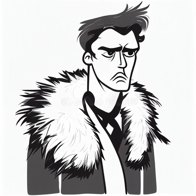 vintage minimalist clipart of angry man wearing feather boa scarf, black and white clipart cartoon, white background -